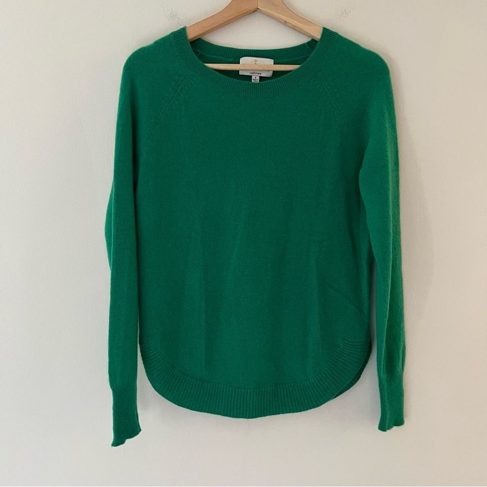 Belle France Cashmere Sweater 2-Ply Green Curves Hem Size Small Classic Luxury